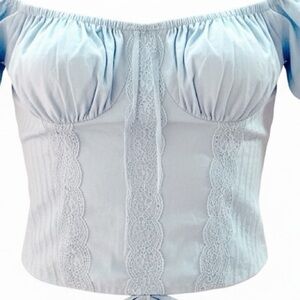 BNWT TicToc light  Blue Puff Sleeve Lace-Trim corset L Top